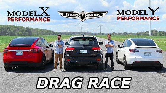 Video: Jeep Trackhawk vs Tesla Model Y Performance vs Tesla Model X Performance // DRAG &amp; ROLL RACE
