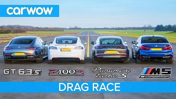 Video: Tesla Model S v AMG GT 4 v BMW M5 v Porsche Panamera Turbo S - DRAG RACE, ROLLING RACE &amp; BRAKE TEST