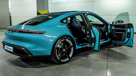 Video: 2023 Blue Porsche Taycan Turbo - Luxury Sedan in Detail 4K