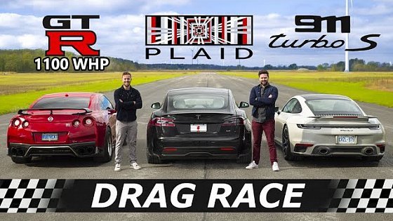 Video: Tesla Model S Plaid vs 911 Turbo S vs 1100 WHP Nissan GTR // DRAG &amp; ROLL RACE