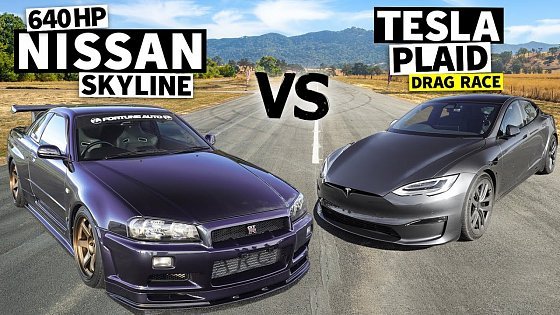 Video: 700hp R34 Nissan Skyline GT-R vs Tesla Model S Plaid // THIS vs PLAID